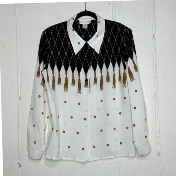 Jordan Tassel Blouse Button Down Long Sleeve Diamond‎ Print Top L - Picture 1 of 4
